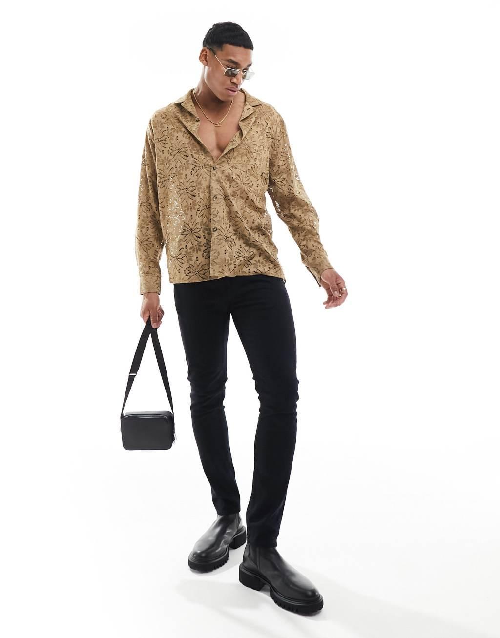 ASOS DESIGN relaxed revere lace shirt in brown  Product Image