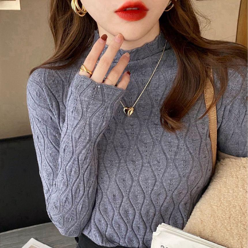 Long-Sleeve Mock Neck Plain Knit Top Product Image