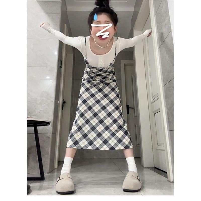 Spaghetti Strap Plaid Midi A-Line Dungaree Dress Product Image