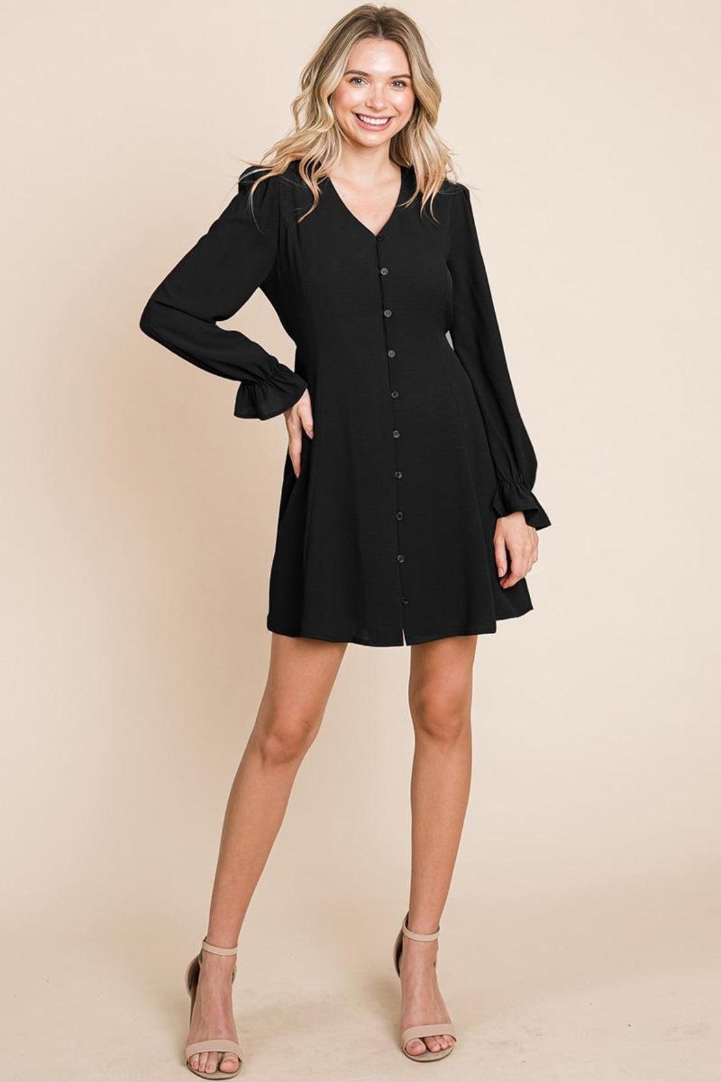 V Neck Button Down Long Sleeve Dress Product Image