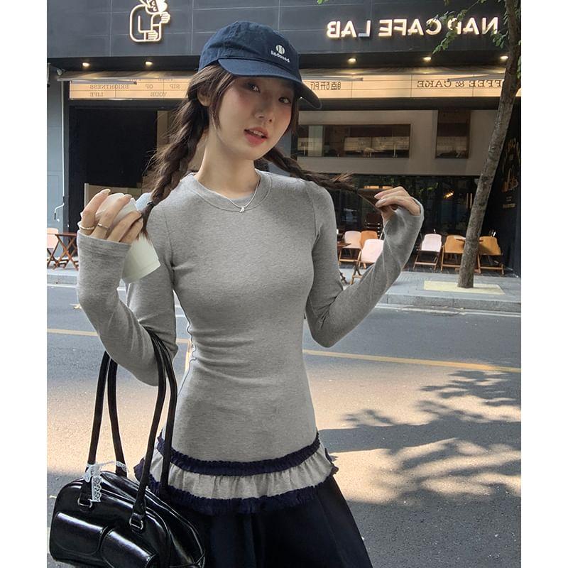 Long-Sleeve Round Neck Frill Trim Slim Fit Tee Product Image