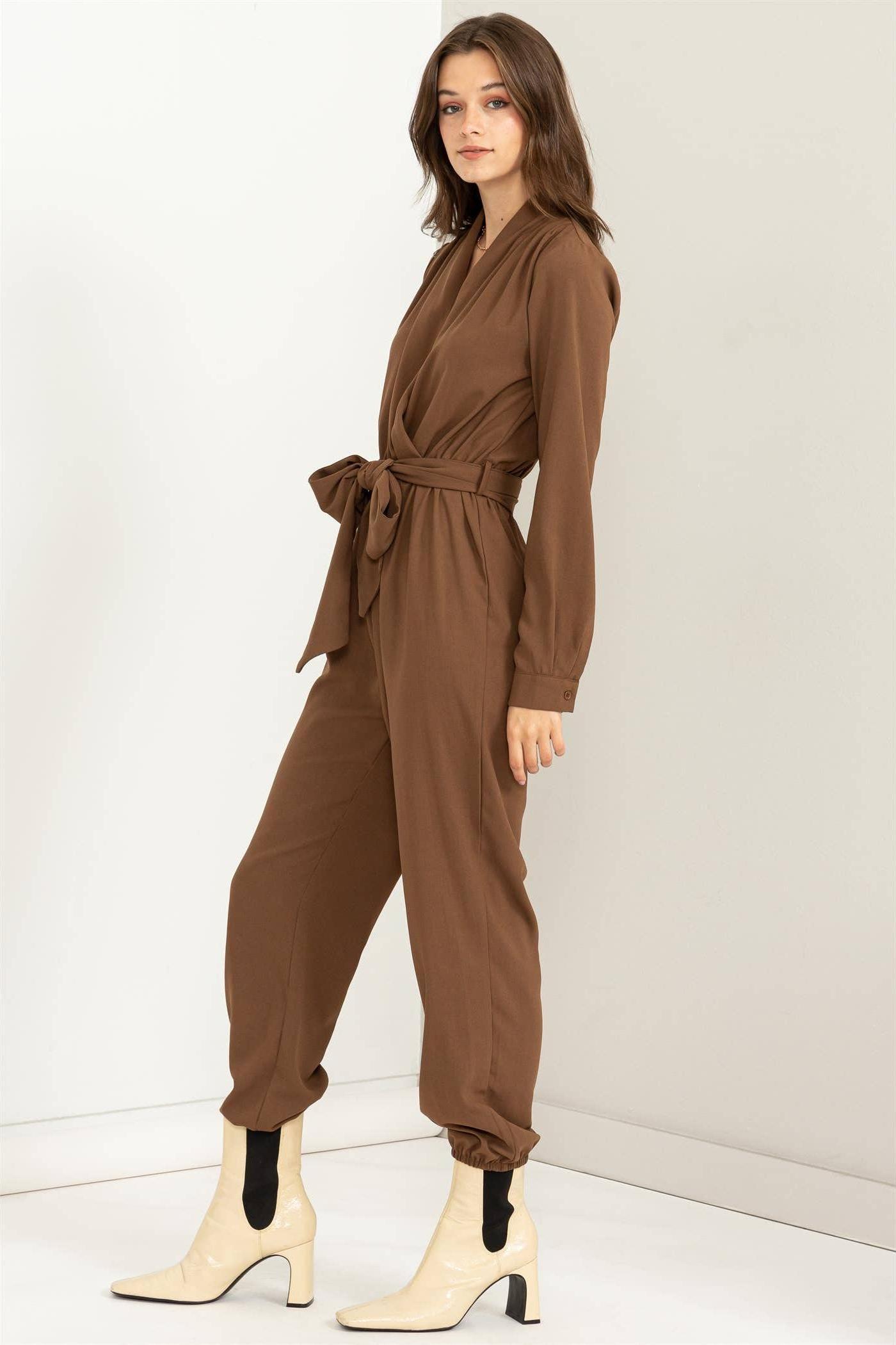 Weekend Outing Tie-Belt Long Sleeve Jumpsuit Product Image