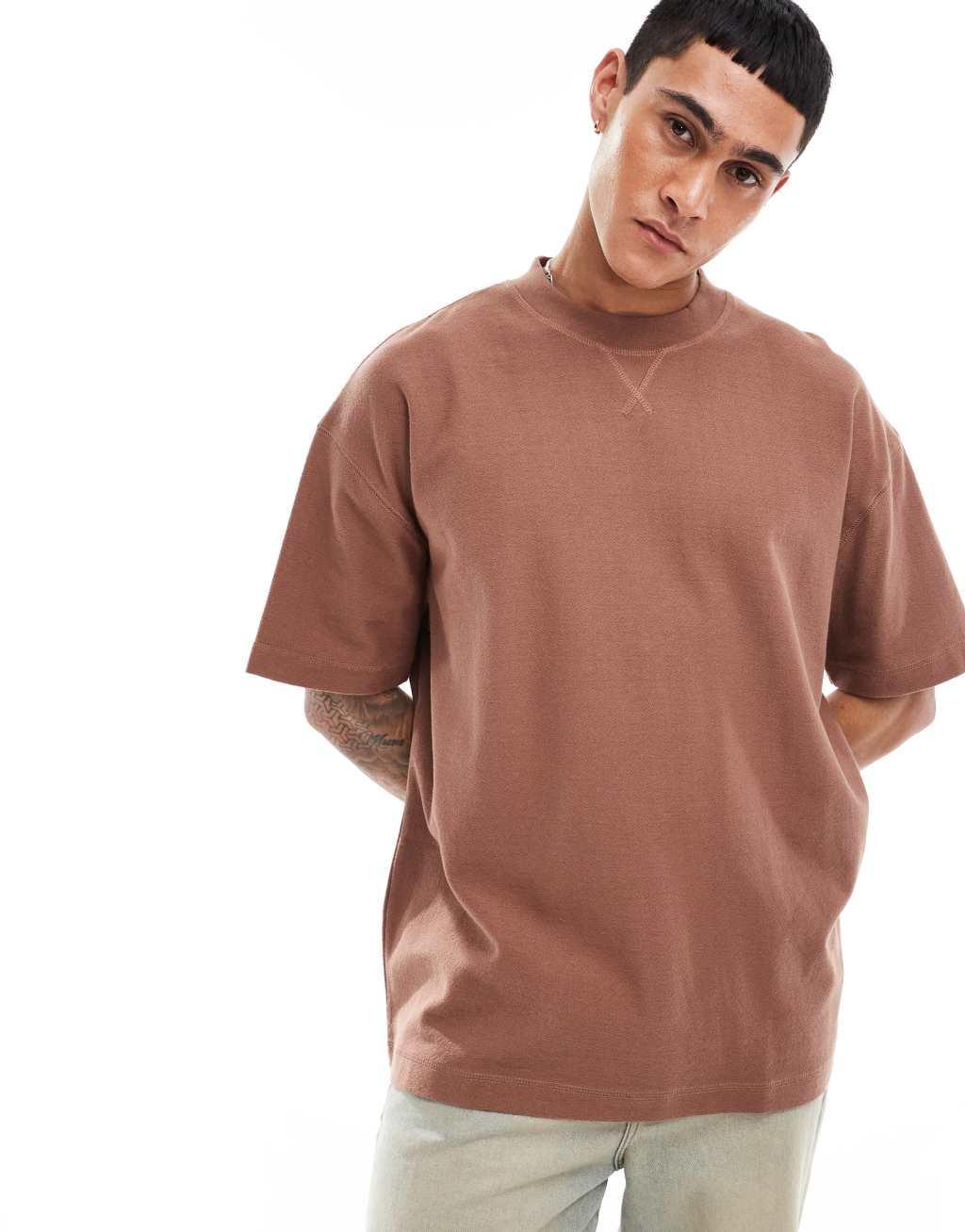 ASOS DESIGN oversized t-shirt with rib detailing in brown  Product Image