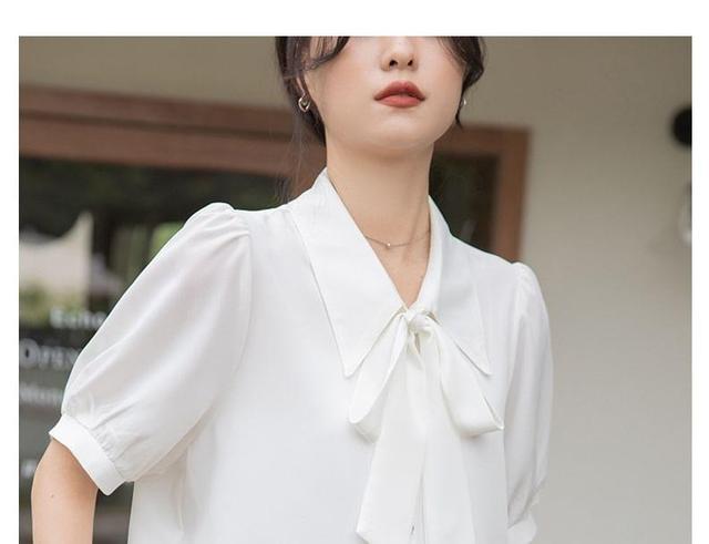 Short-Sleeve Tie Neck Plain Blouse Product Image