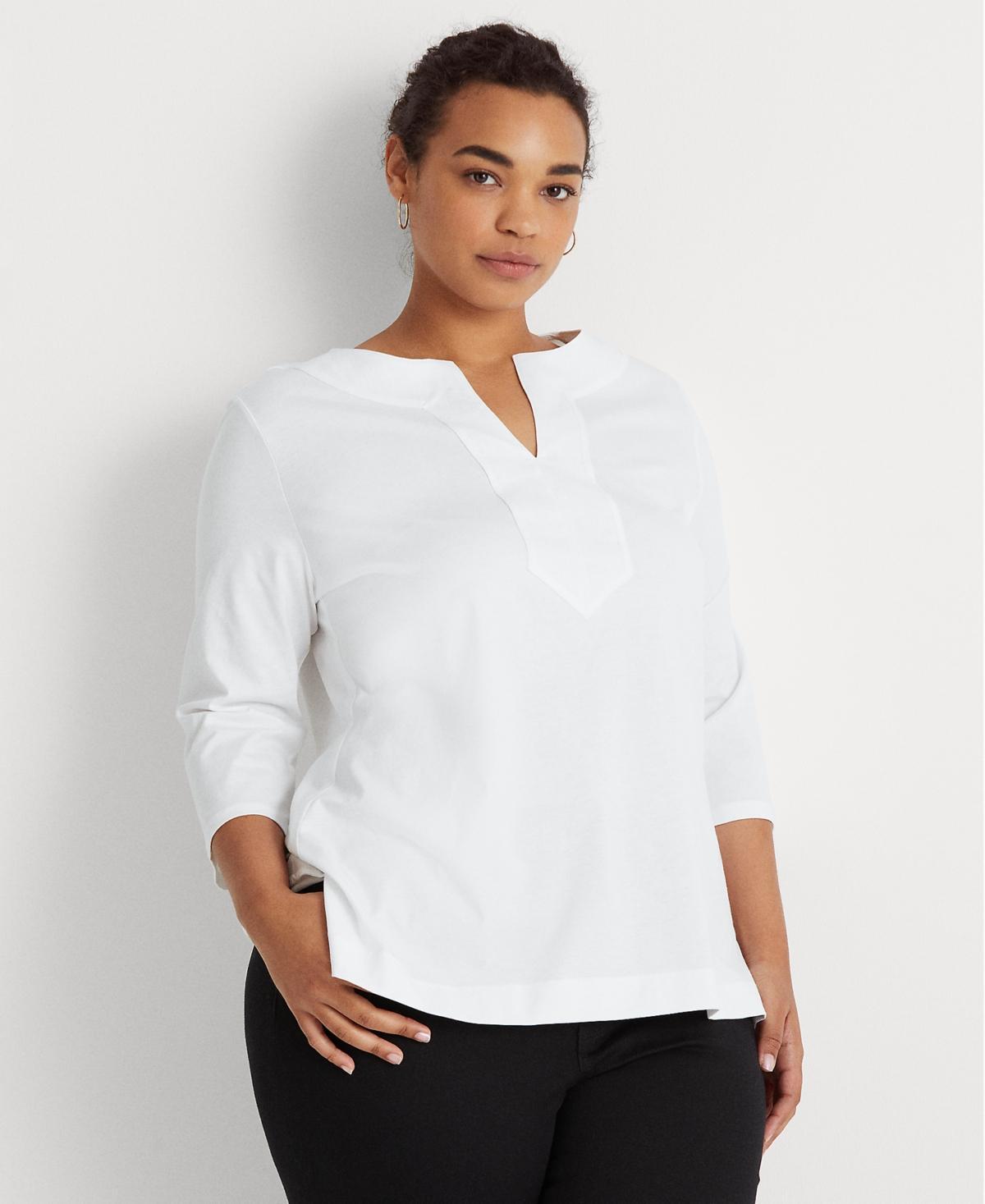 Lauren Ralph Lauren Plus Size Split Round Neck 34 Sleeve Woven Trim Knit Top Product Image