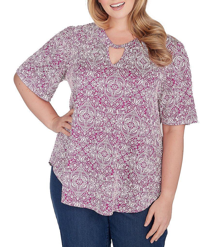 Ruby Rd. Plus Size Medallion Print Knit Keyhole Neck Short Sleeve Top Product Image