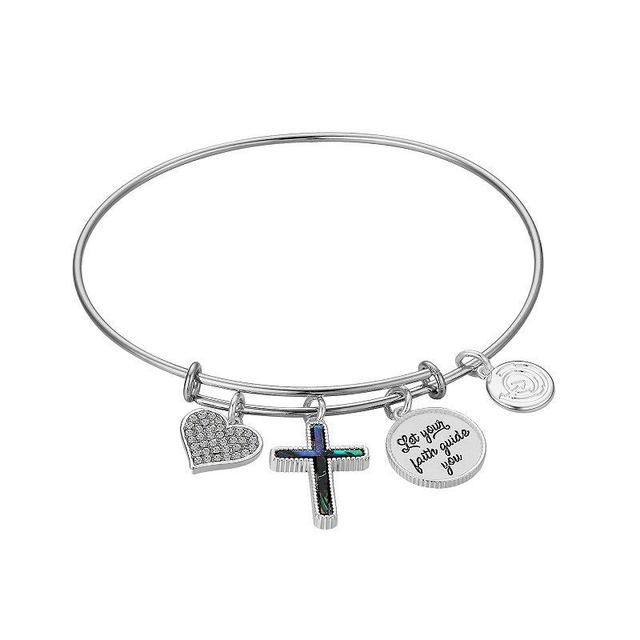 Love This Life Fine Silver Plated Crystal Let Your Faith Guide You Abalone Cross & Heart Charm Bangle Bracelet, Womens, Silver Tone Product Image