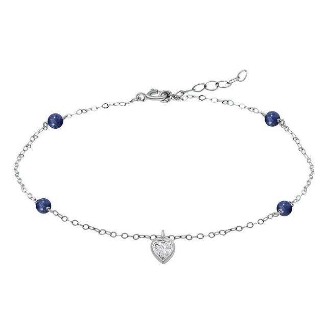 Aleure Precioso Sterling Silver Cubic Zirconia Heart Charm Anklet, Womens Blue Product Image