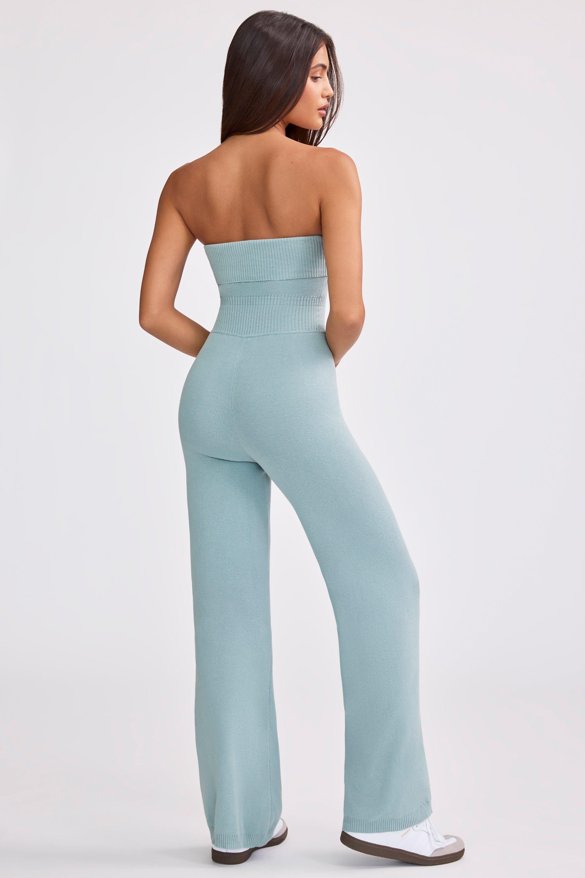 Petite Bandeau Kick Flare Chunky Knit Jumpsuit in Dusty Teal Product Image