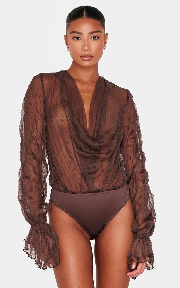 Chocolate Crushed Mesh Sheer Cowl Bodysuit Product Image