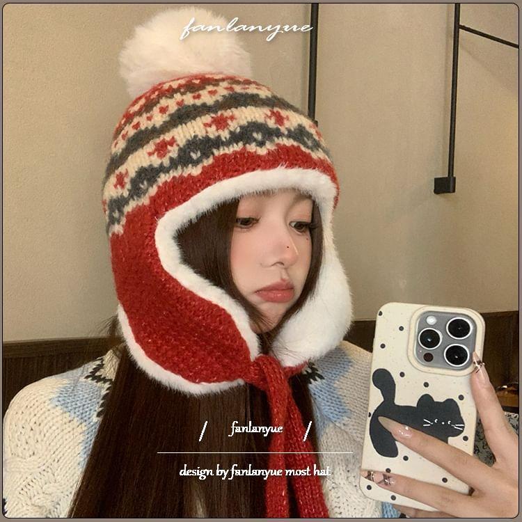 Patterned Pom Pom Faux Fur Trapper Hat Product Image