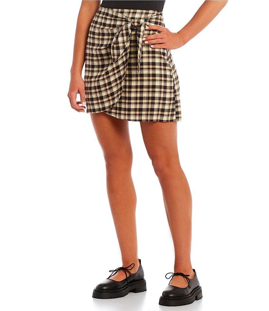 Copper Key Plaid High Rise Mini Faux Wrap Skirt Product Image