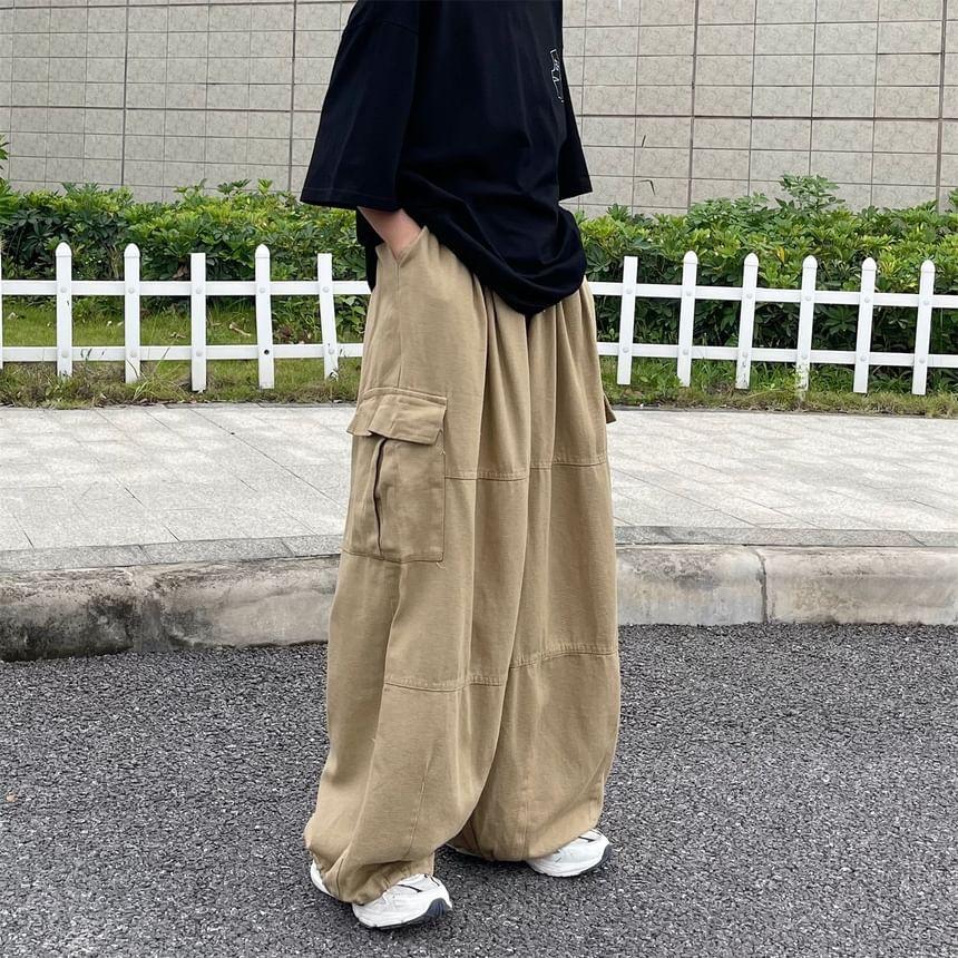 Elasticated Waist Wide-leg Cargo Pants Product Image