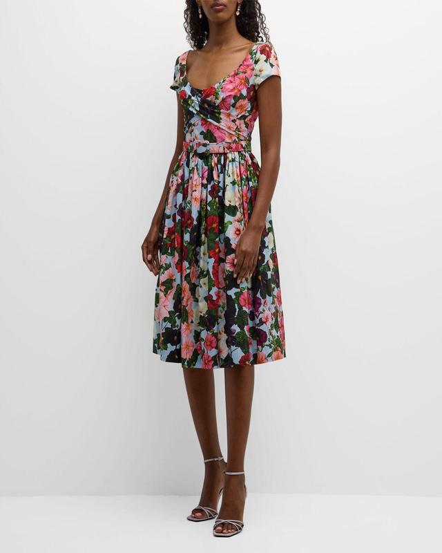 Oscar de la Renta Floral Belted Crossover Strap Stretch Cotton Dress Product Image