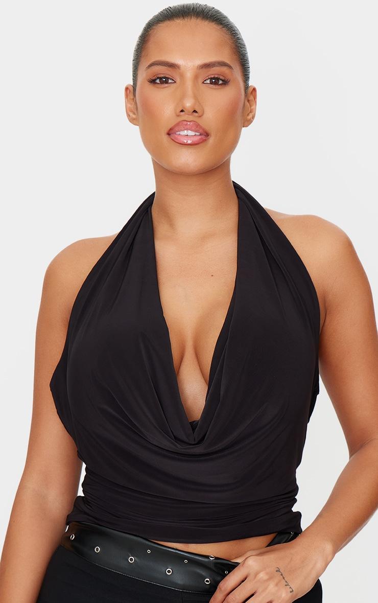 Shape Black Halter Cowl Neck Long Line Open Back Top Product Image