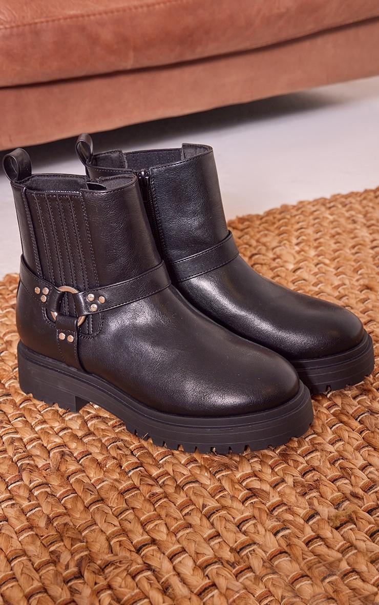 Black Wide Fit PU Buckle Detail Ankle Boots Product Image