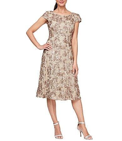 Alex Evenings Floral Rosette Illusion Round Neck Cap Sleeve A Product Image