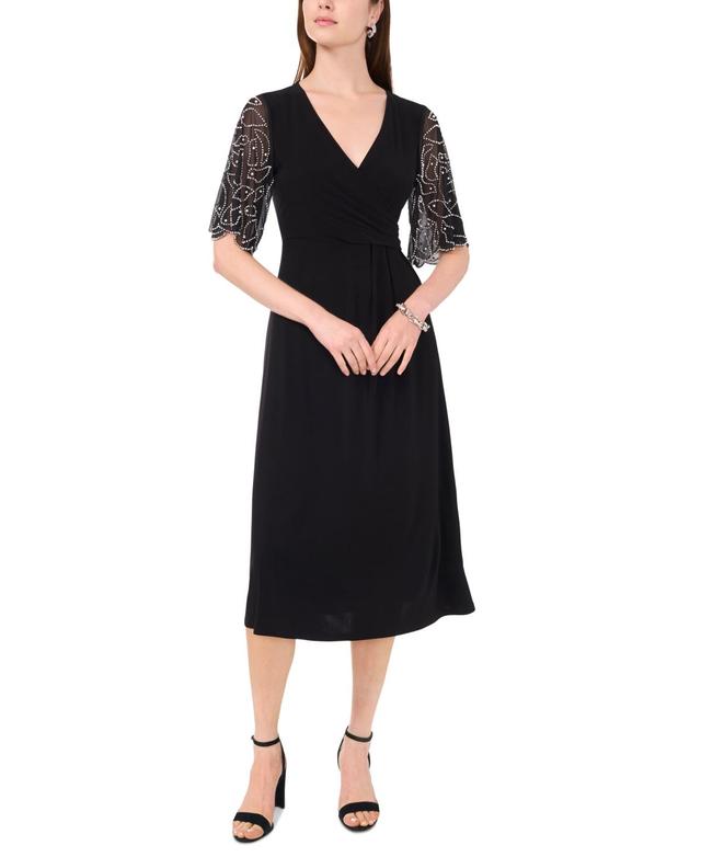 Msk Womens Sheer-Sleeve Fit & Flare Dress Product Image