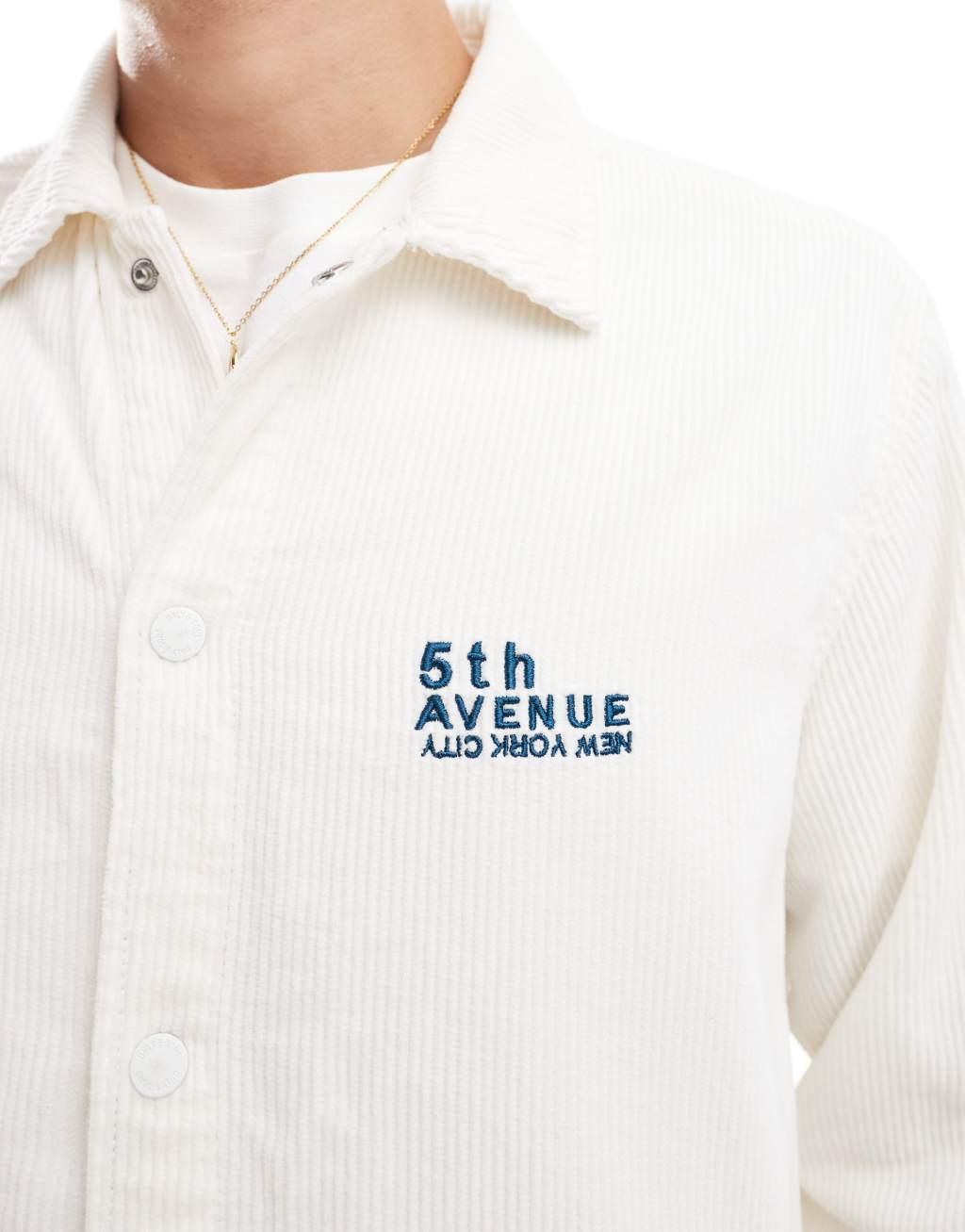 ONLY & SONS relaxed fit corduroy overshirt with 5th Ave embroidery in cream Product Image