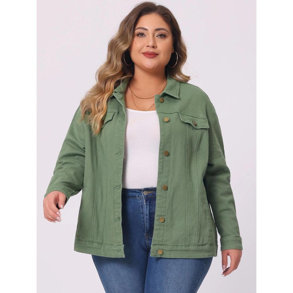 Agnes Orinda Women's Plus Size Button Front Chest Pockets Washed Casual Jean Jackets Green 1X Product Image