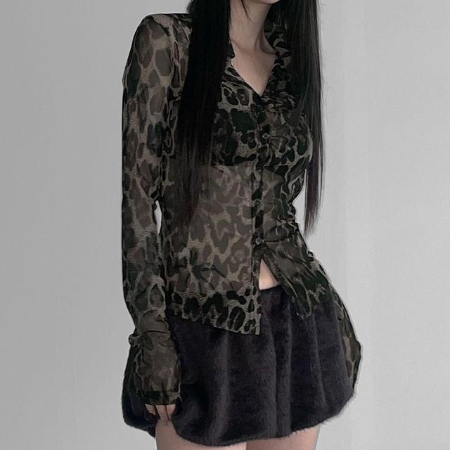 Long-Sleeve Leopard Print Tie-Neck Shirt Product Image