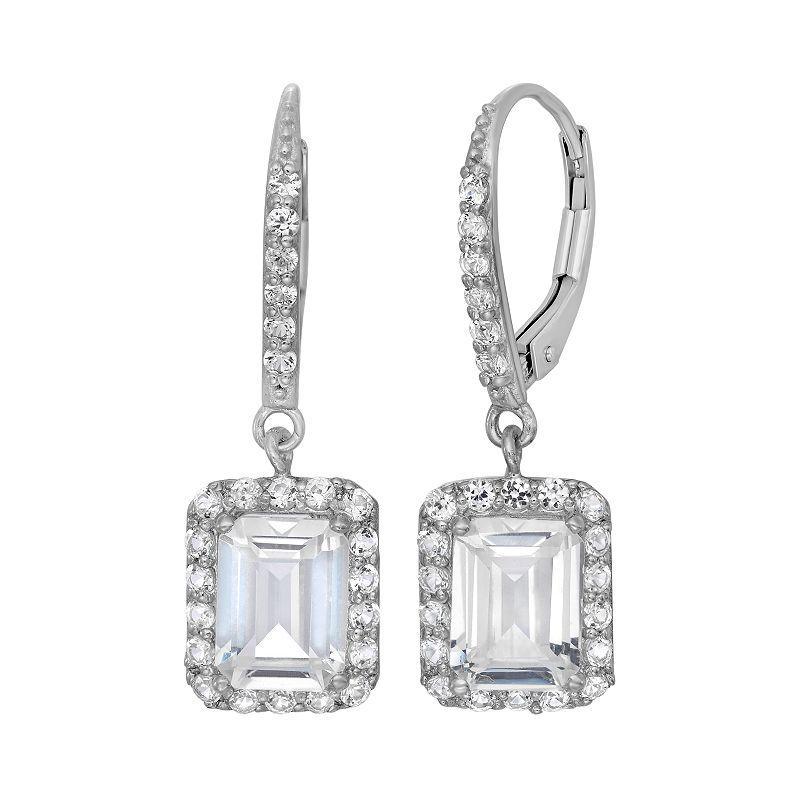 Sterling Silver Lab-Created White Sapphire Rectangular Halo Drop Earrings, Womens Product Image