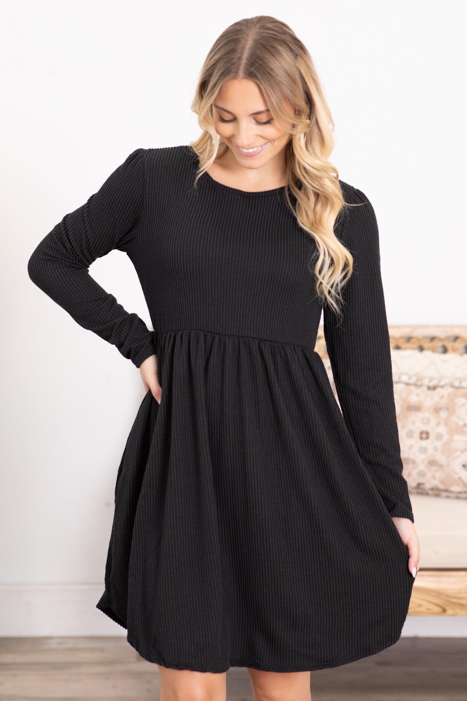 Solid Ribbed Long Sleeve Dress With Pockets Product Image