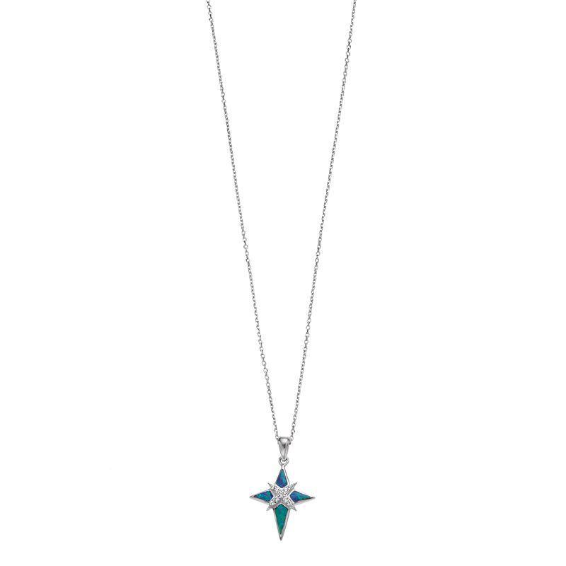 Sterling Silver Lab-Created Blue Green Opal & Lab-Created White Sapphire Starburst Pendant Necklace, Womens Product Image