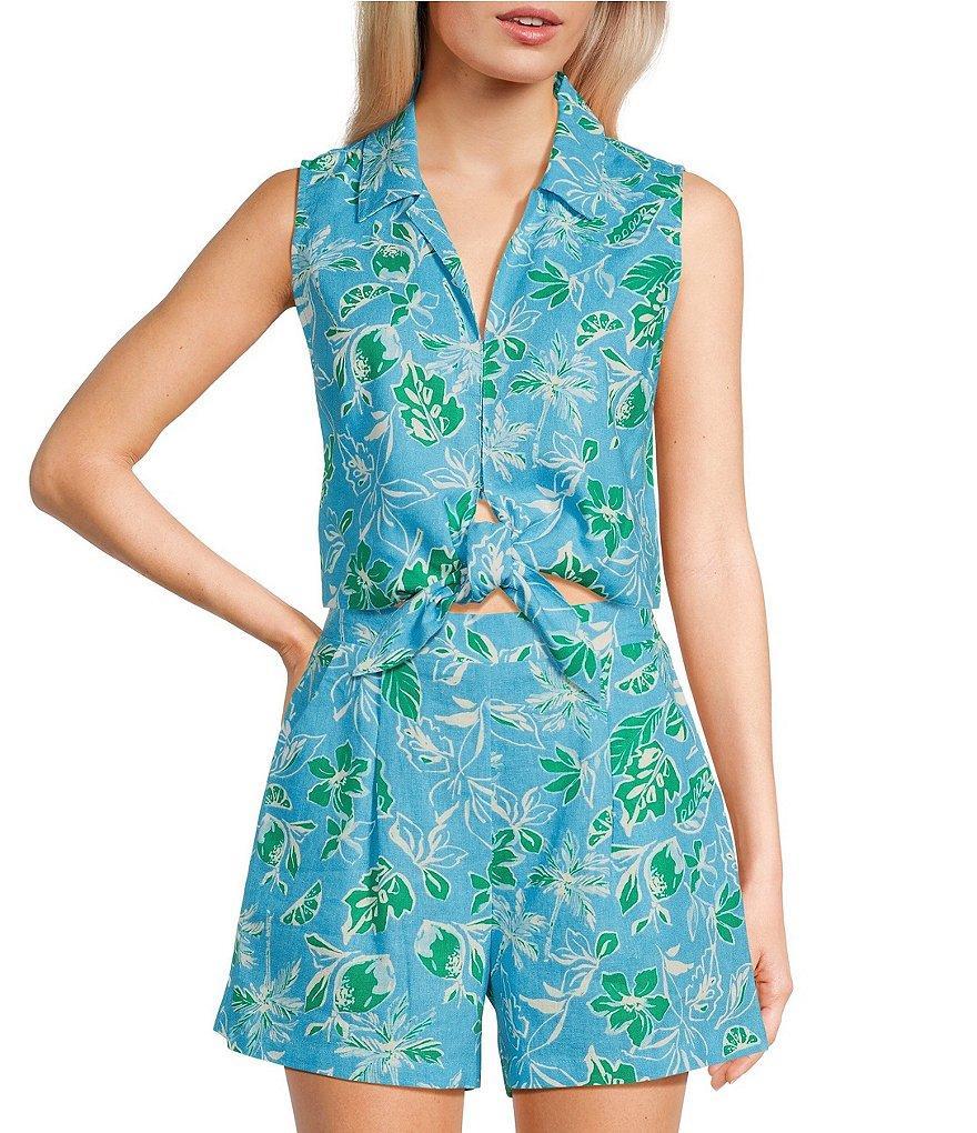 Copper Key Woven Coordinating Floral Print Sleeveless Tie Front Top Product Image