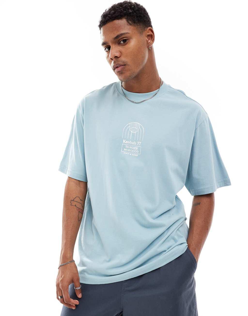 Only & Sons relaxed fit T-shirt with Kasbah print in light blue Product Image