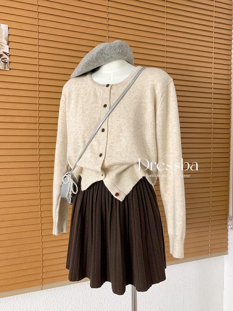 Set: Round Neck Plain Cardigan + Contrast Trim Scarf Product Image