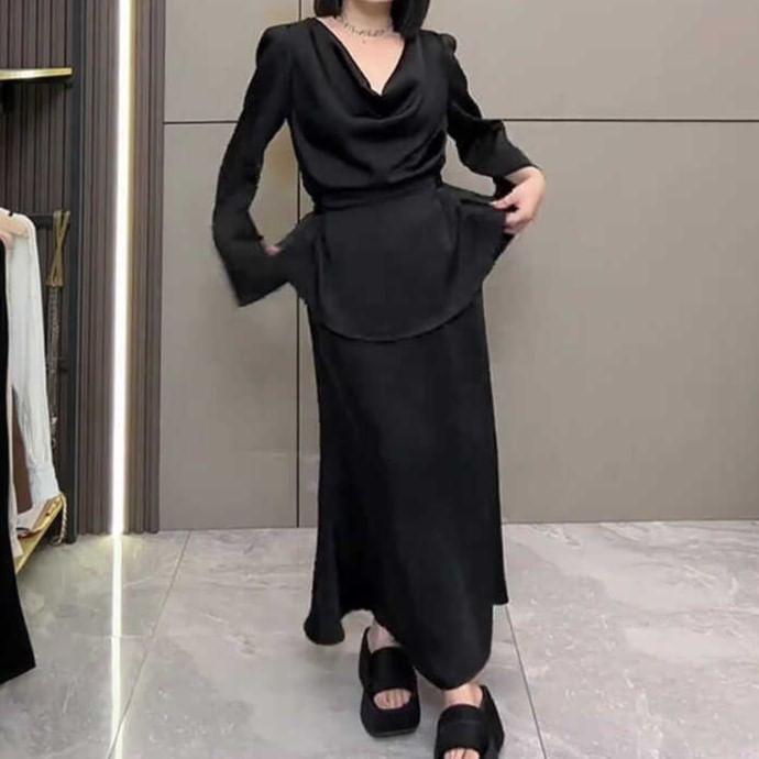 Set: Flared-Sleeve Cowl Neck Plain Blouse + High Rise Maxi Fishtail Skirt Product Image