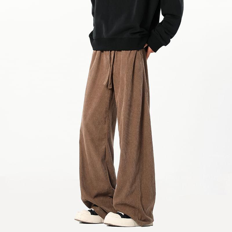 Drawstring Waist Plain Corduroy Wide Leg Pants Product Image