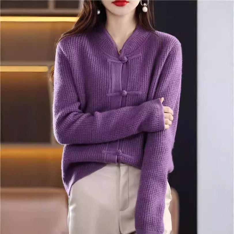 Crew Neck Plain Waffle Knot Button Cardigan Product Image