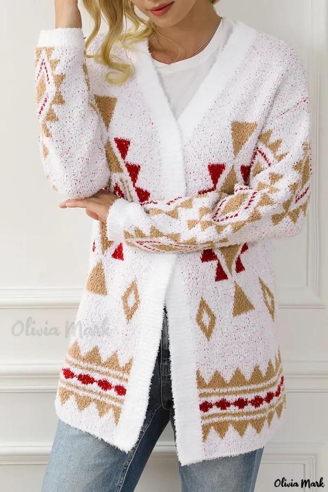 Olivia Mark – Chic White Aztec Pattern Open Knit Cardigan Product Image