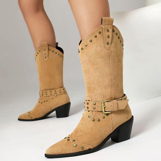 Pointed Toe Studded Faux Suede Block Heel Mid Calf Boots Product Image