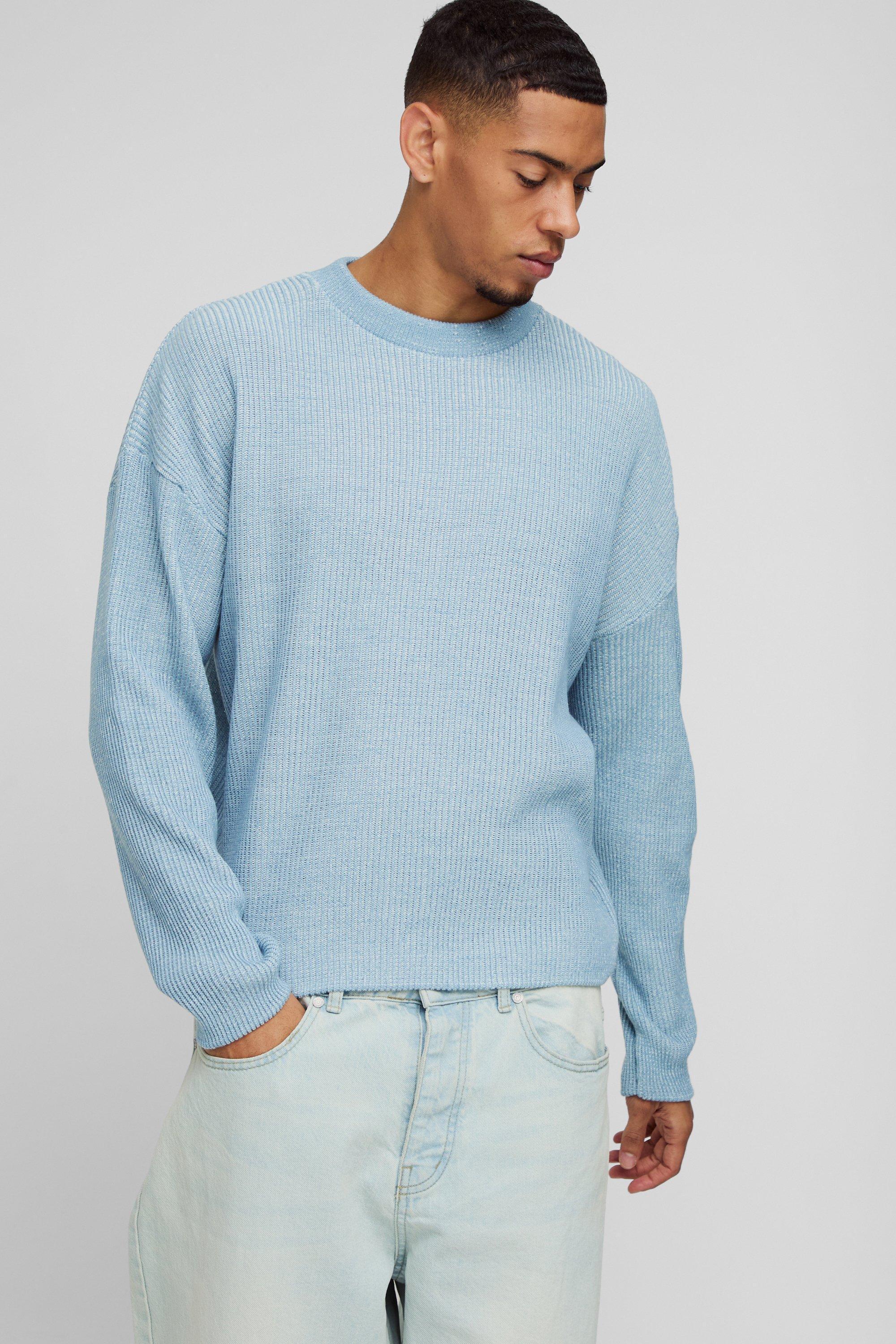 Boxy Crew Neck Dropped Shoulder Plated Ribbed Knit Jumper | boohooMAN USA Product Image