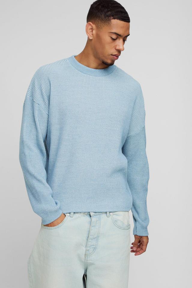 Boxy Crew Neck Dropped Shoulder Plated Ribbed Knit Jumper | boohooMAN USA Product Image