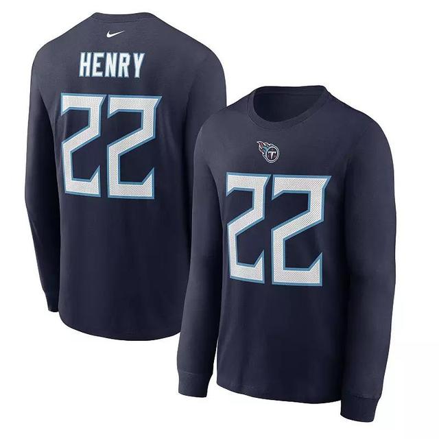 Mens Derrick Henry Navy Tennessee Titans Player Name and Number Long Sleeve T-shirt Product Image