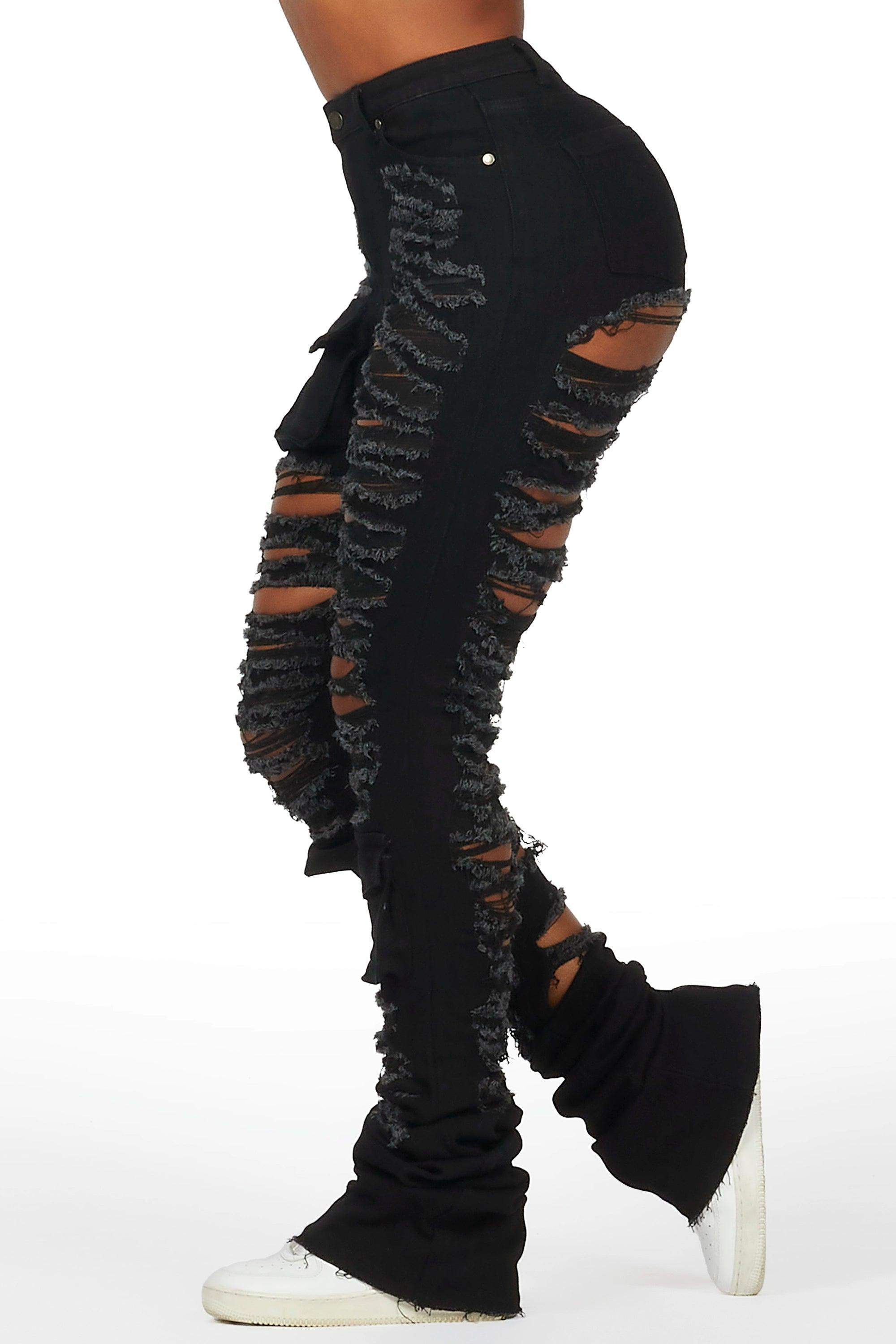 Capria Black Ultra Distressed Super Stacked Jean Female Product Image