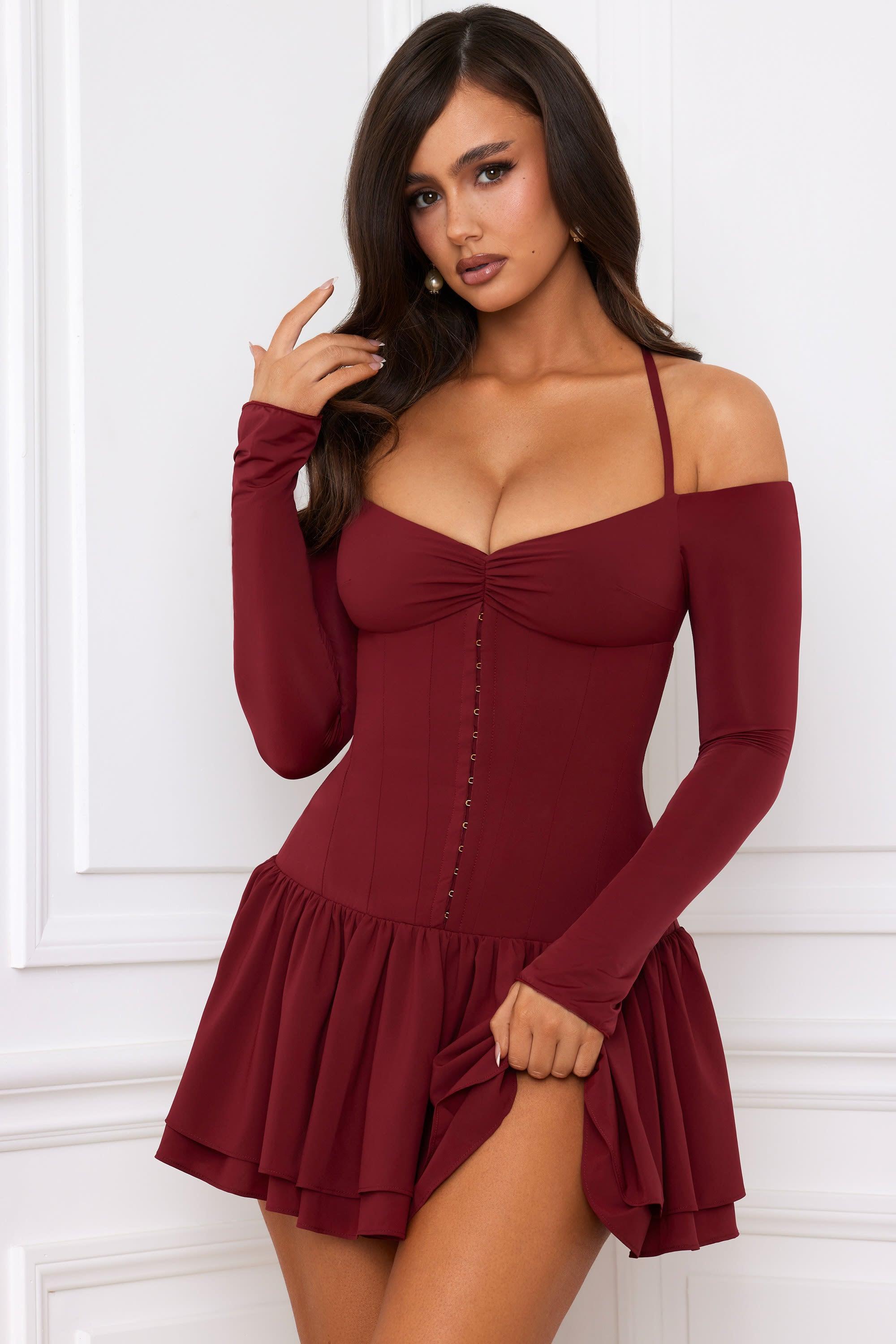 Off-Shoulder Tiered Corset Mini Dress in Berry Red product image