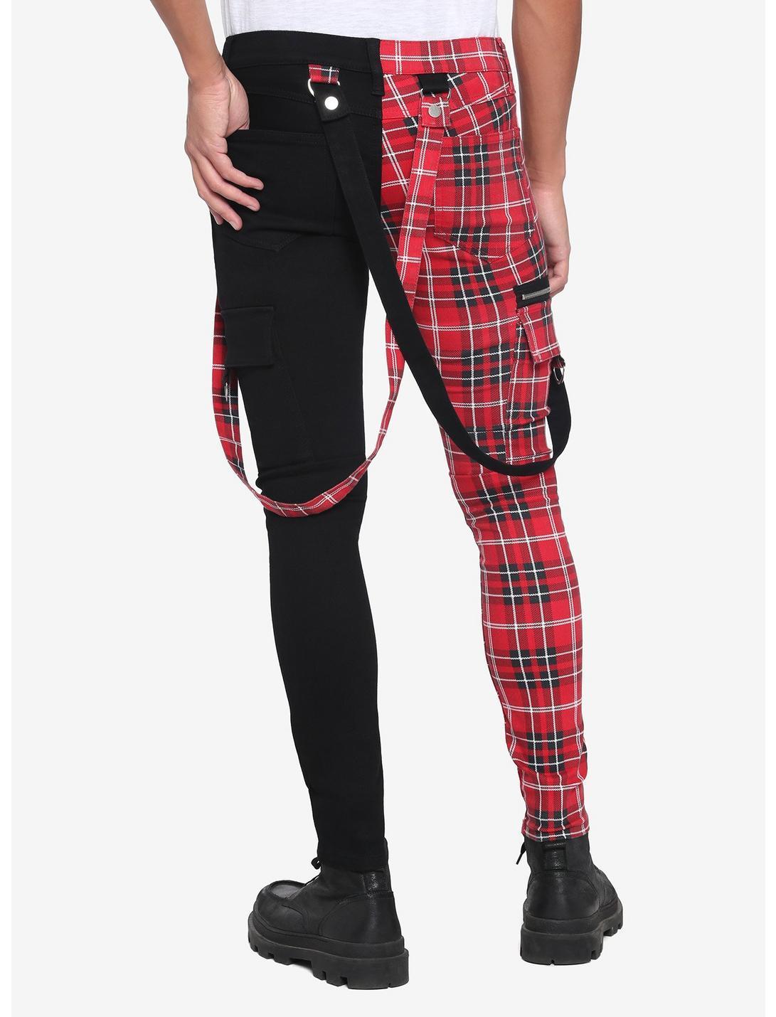 Red Plaid Split Leg Suspender Stinger Jeans Product Image