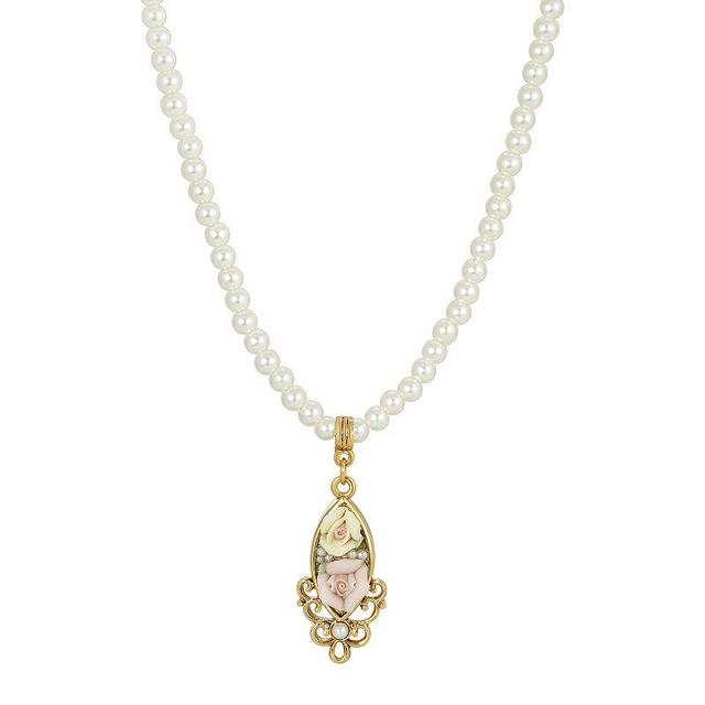 1928 Gold Tone & Simulated Pearl Porcelain Rose Pendant Necklace, Womens, White Product Image