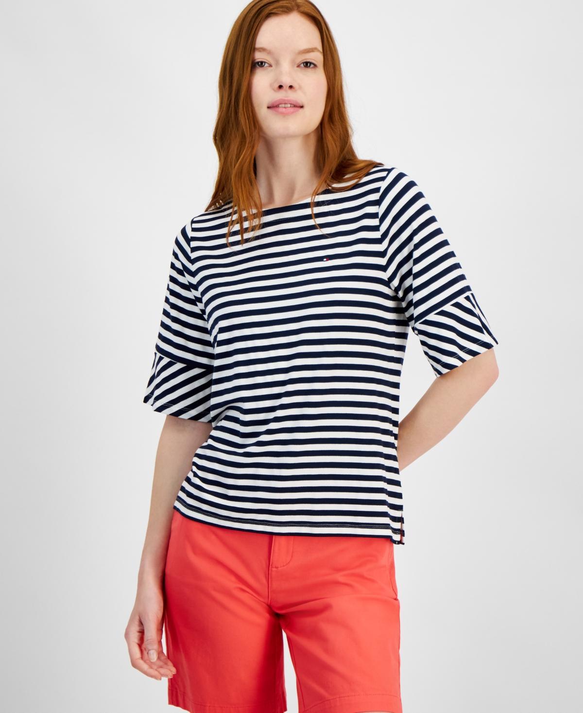 Tommy Hilfiger Striped Top With Flare Sleeve (Tannin Multi) Women's Clothing Product Image