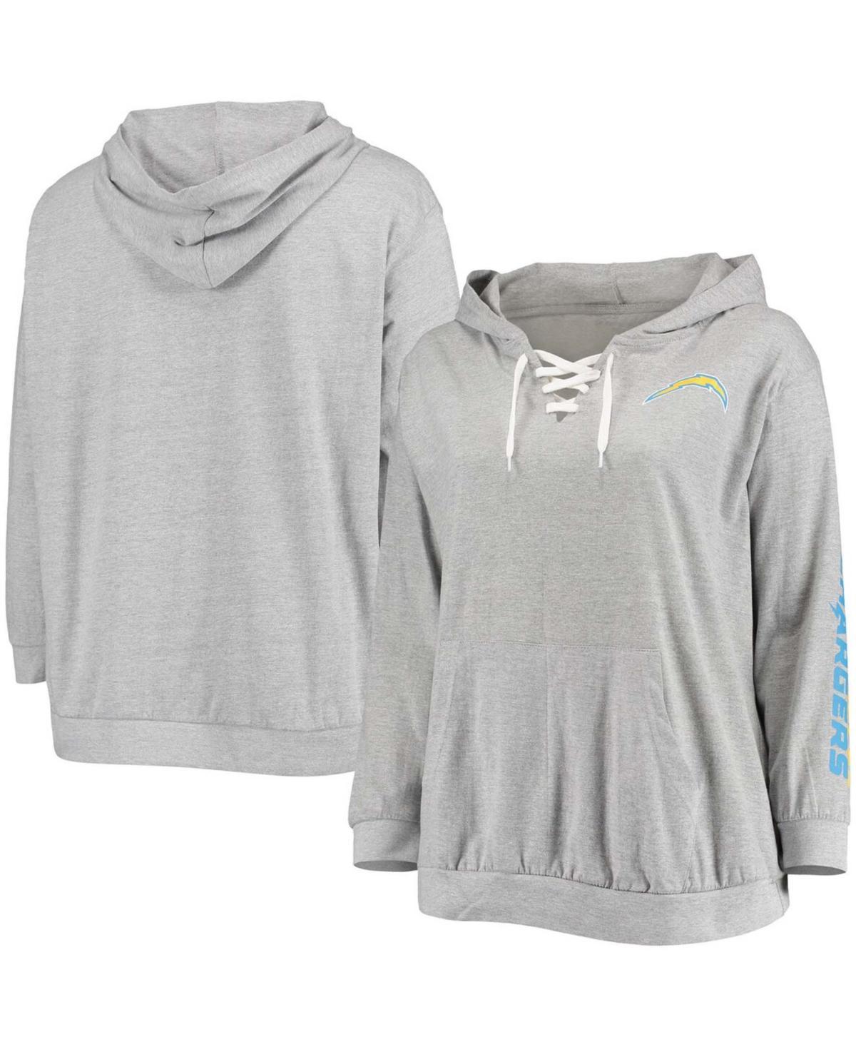 Womens Plus Size Heathered Gray Los Angeles Chargers Lace-Up Pullover Hoodie Product Image