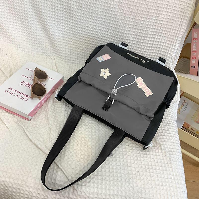 Applique Drawstring Panel Nylon Crossbody Tote Bag Product Image