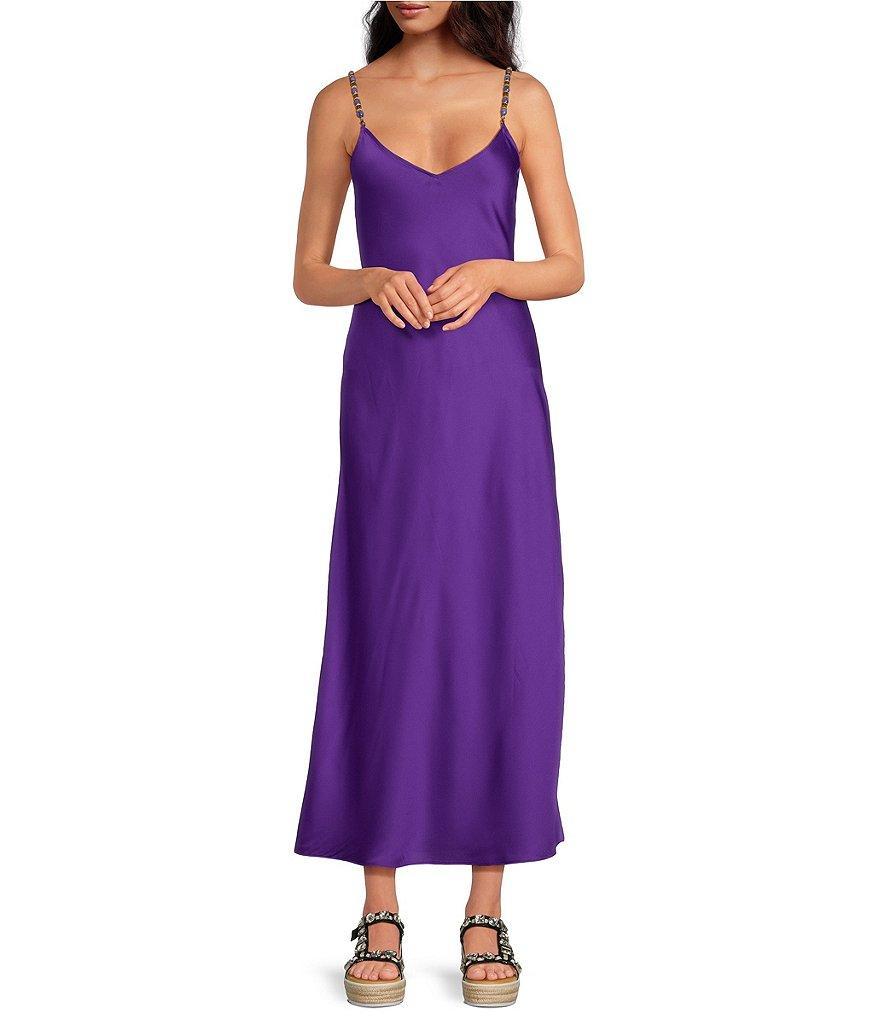 Gianni Bini x DANNIJO Viv Satin Beaded Strap V-Neck Sleeveless Maxi Slip Dress Product Image