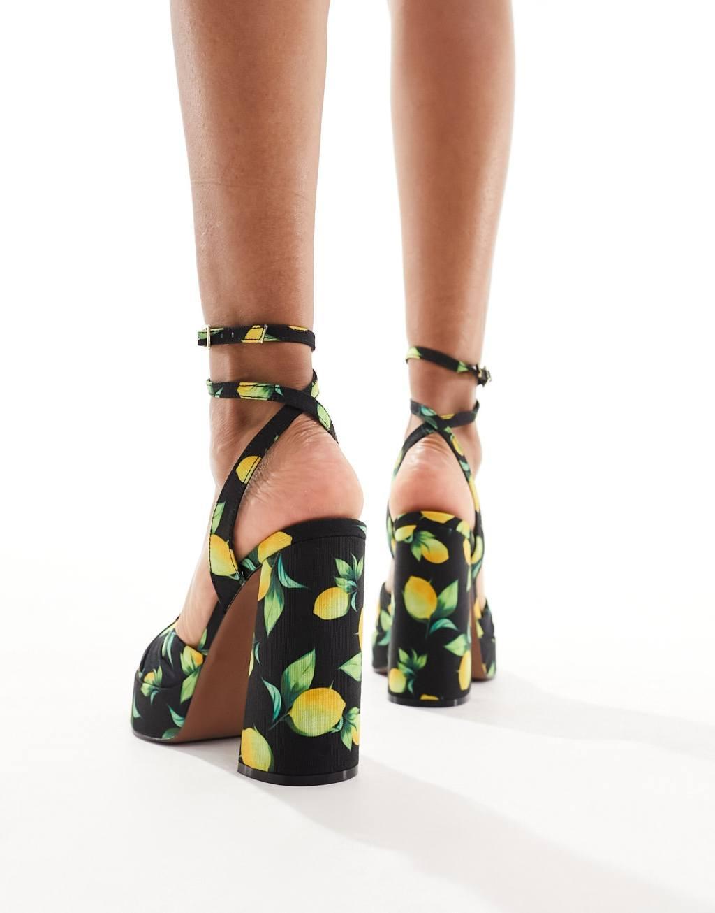 ASOS DESIGN Nikita knotted platform block heel sandals in fruit print Product Image