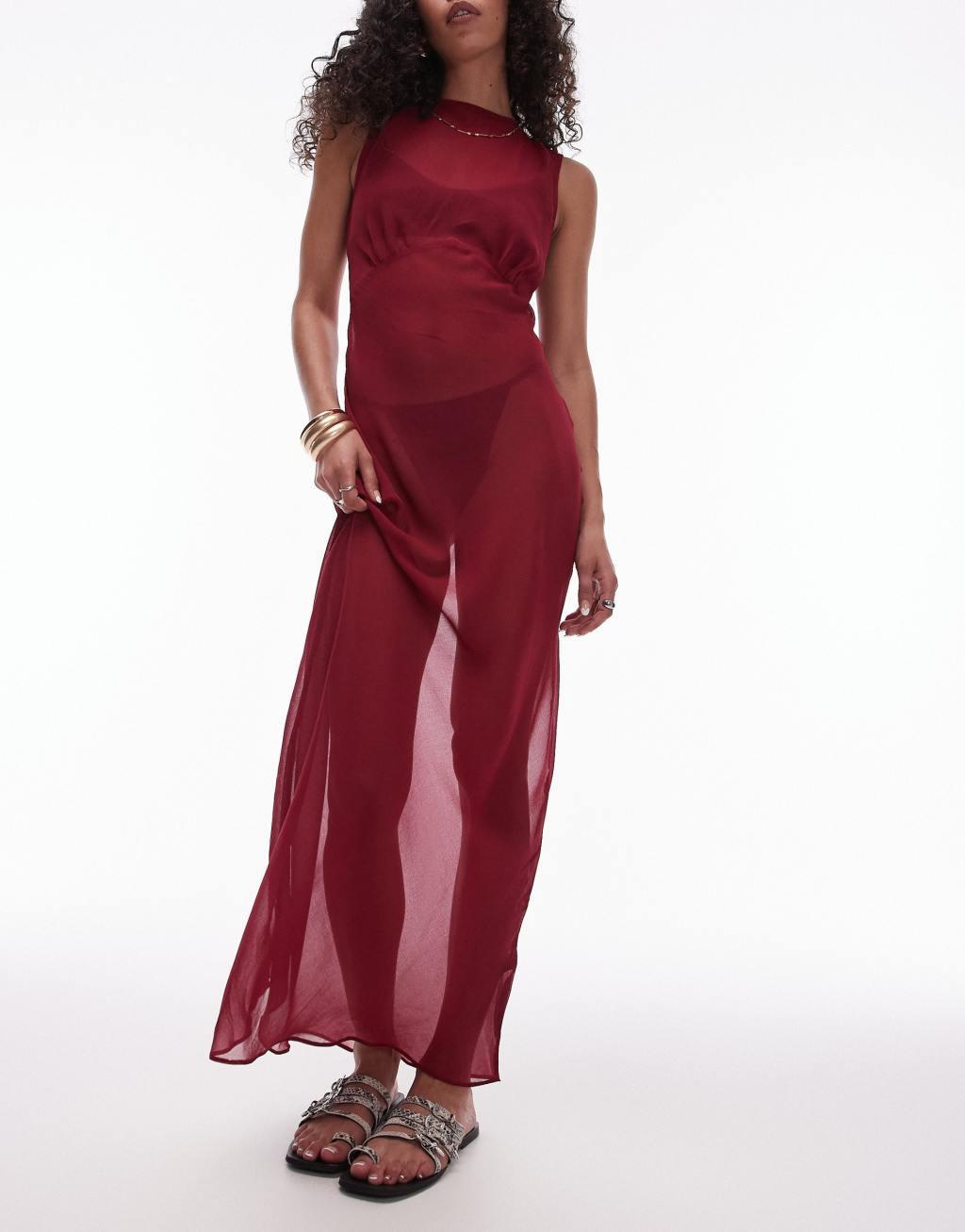 Topshop beach sheer bias maxi dress in cherry red  Product Image