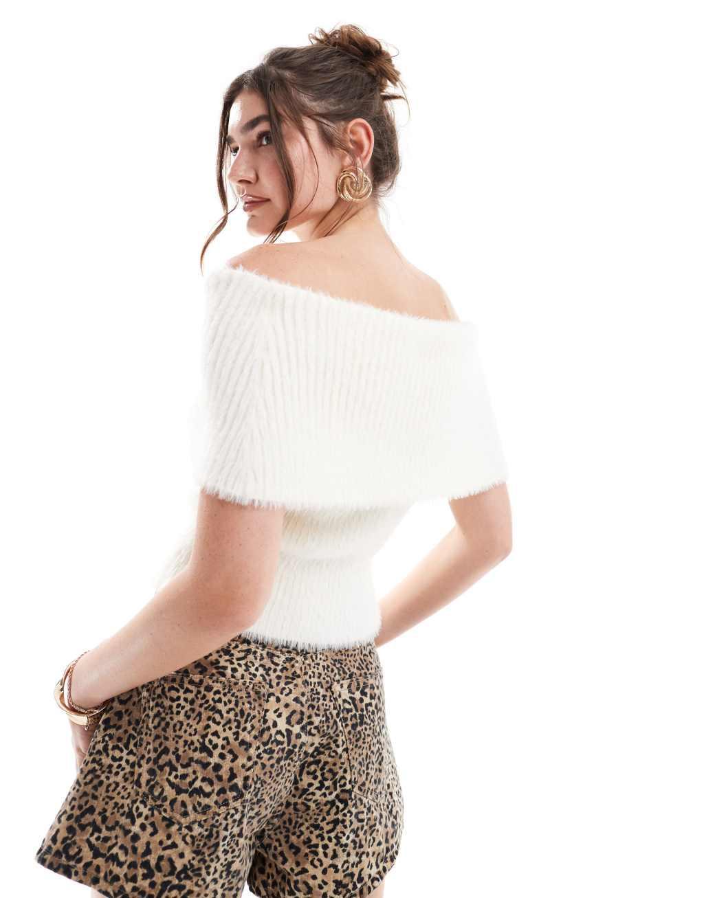 4th & Reckless fluffy rib knit off the shoulder top in cream Product Image